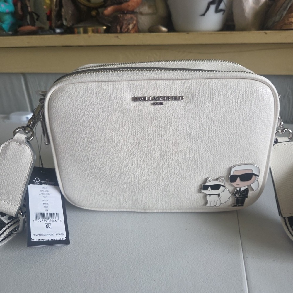 Karl Lagerfeld White Crossbody Bag Applique Adjustable Strap Purse Color Code